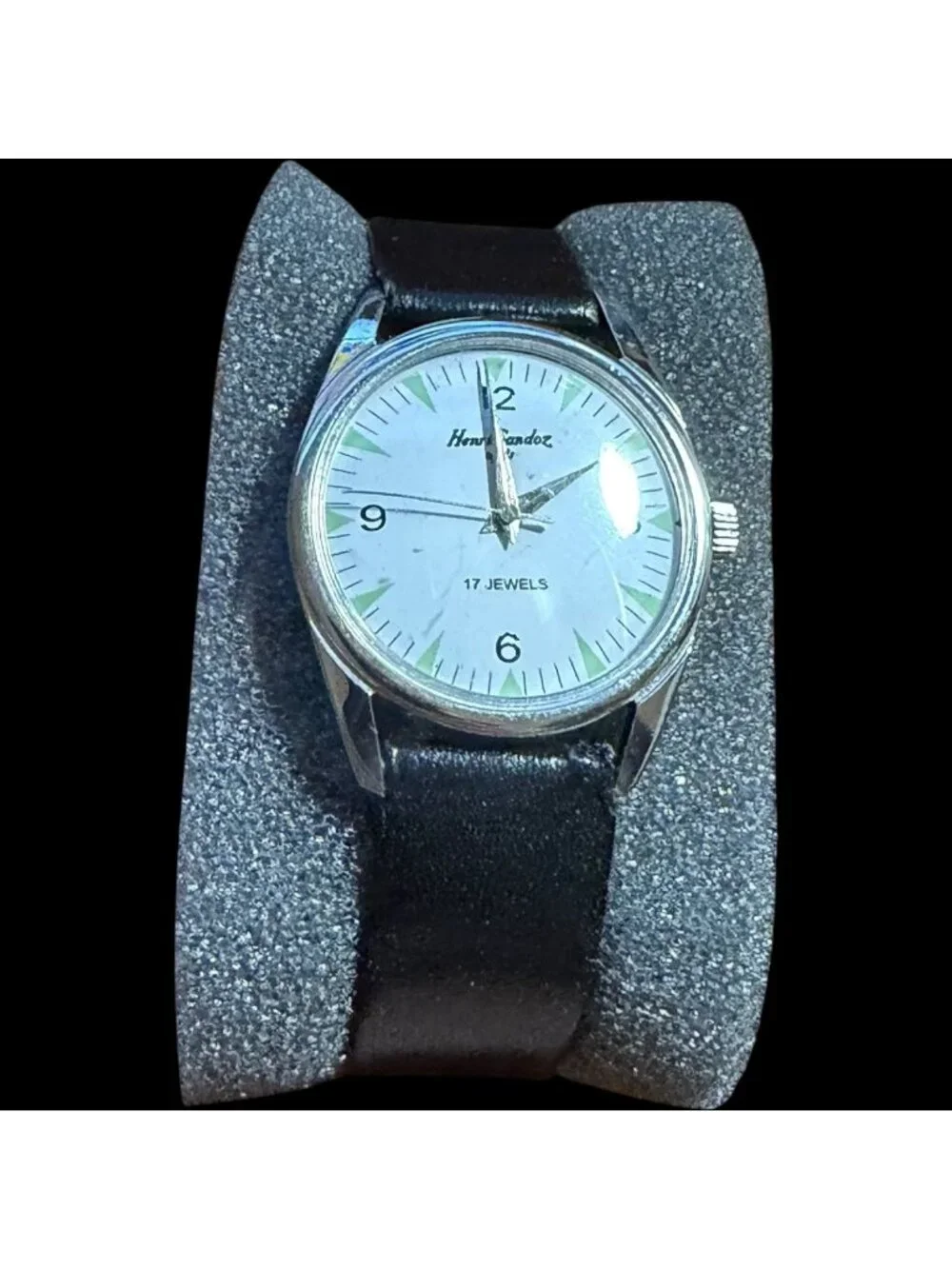 Vintage Henri Sandoz 17 Jewels Mechanical Hand Wind Men's Watch Black Leather